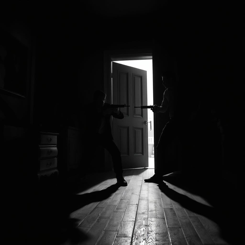 A tense, suspenseful scene of an ambush taking place inside a dimly lit house