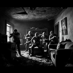 A dramatic scene depicting a human ambush inside a dilapidated house during an apocalypse