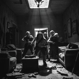 A dramatic scene depicting a human ambush inside a dilapidated house during an apocalypse