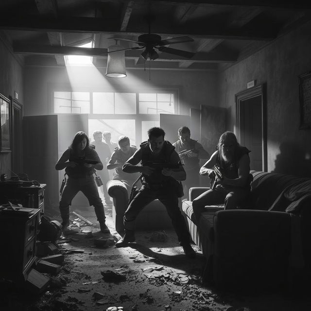 A dramatic scene depicting a human ambush inside a dilapidated house during an apocalypse