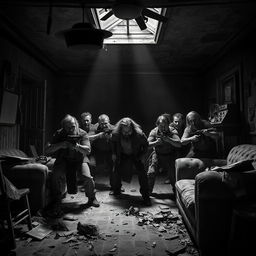 A dramatic scene depicting a human ambush inside a dilapidated house during an apocalypse