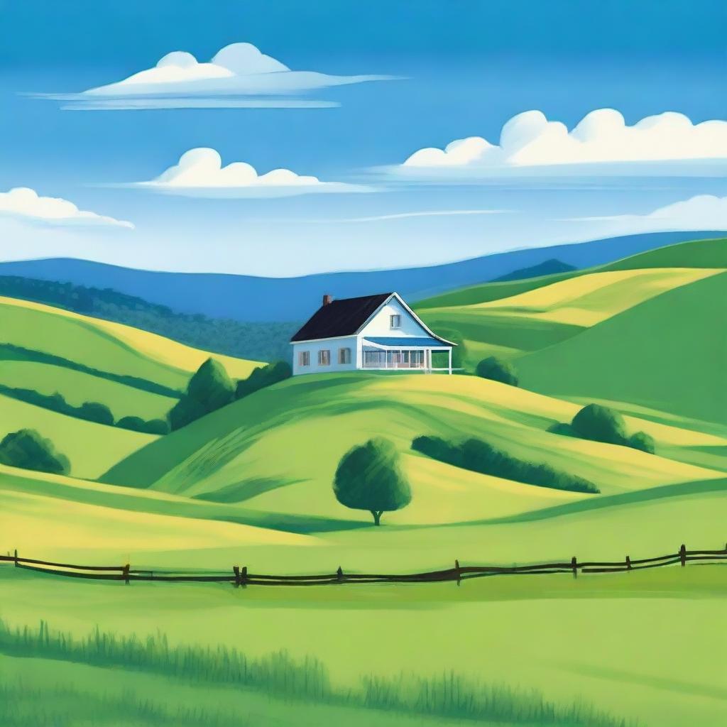 A picturesque farmhouse nestled atop a vibrant green hill, with a sapphire blue sky in the backdrop.