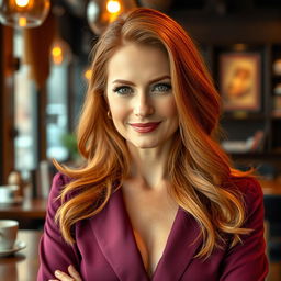 A beautiful red-haired woman aged 35-40, with striking features and confident expression