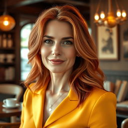 A beautiful red-haired woman aged 35-40, with striking features and confident expression