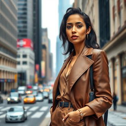 A 42-year-old woman of Latin descent, dressed in stylish urban clothing, standing confidently against a city backdrop