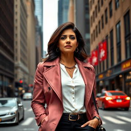 A 42-year-old woman of Latin descent, dressed in stylish urban clothing, standing confidently against a city backdrop