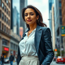 A 42-year-old woman of Latin descent, dressed in stylish urban clothing, standing confidently against a city backdrop