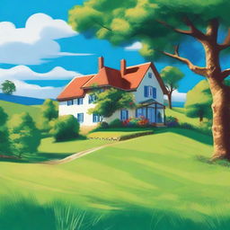 A picturesque farmhouse nestled atop a vibrant green hill, with a sapphire blue sky in the backdrop.