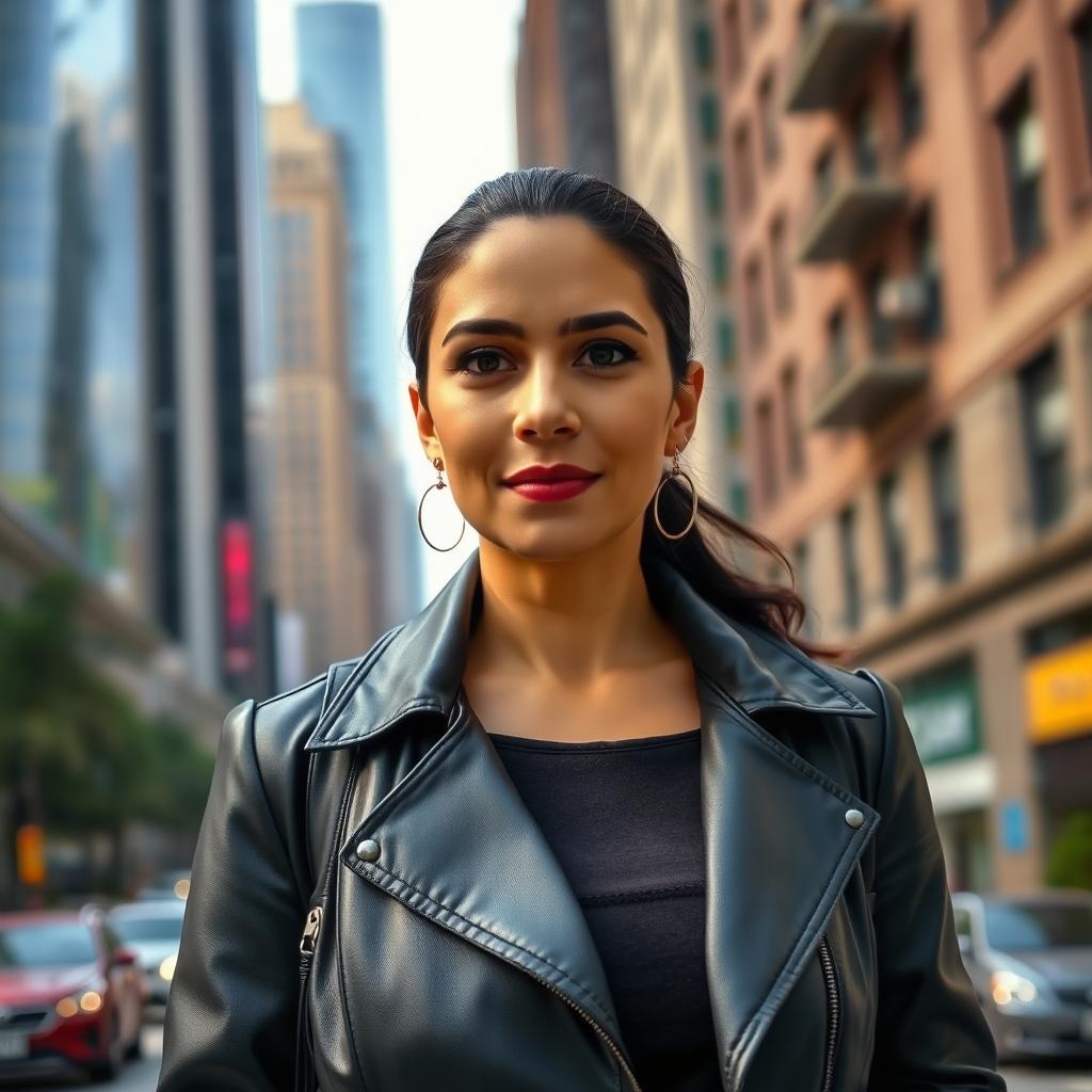 A 42-year-old woman of Latin descent, dressed in stylish urban clothing, standing confidently against a city backdrop