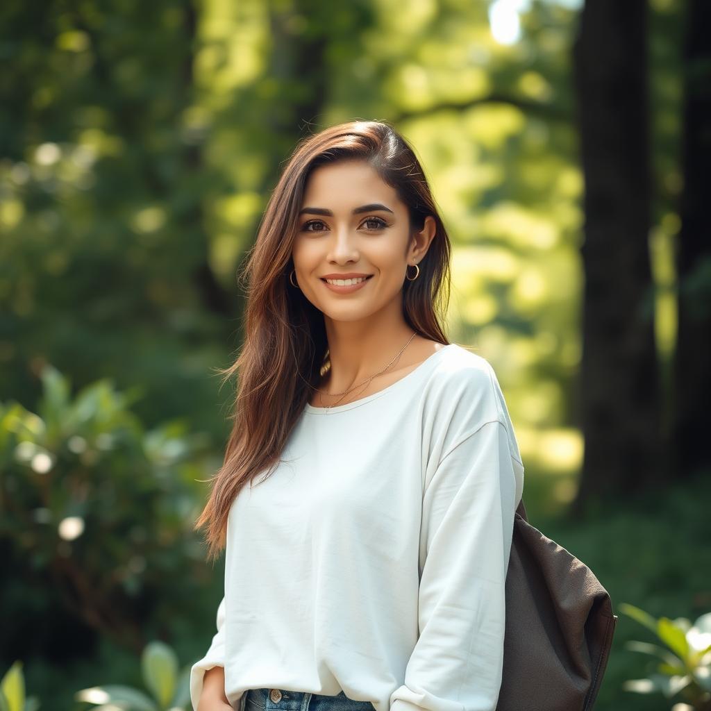 A 37-year-old woman with standard Latin features, dressed in casual yet stylish clothing, standing gracefully against a beautiful natural backdrop