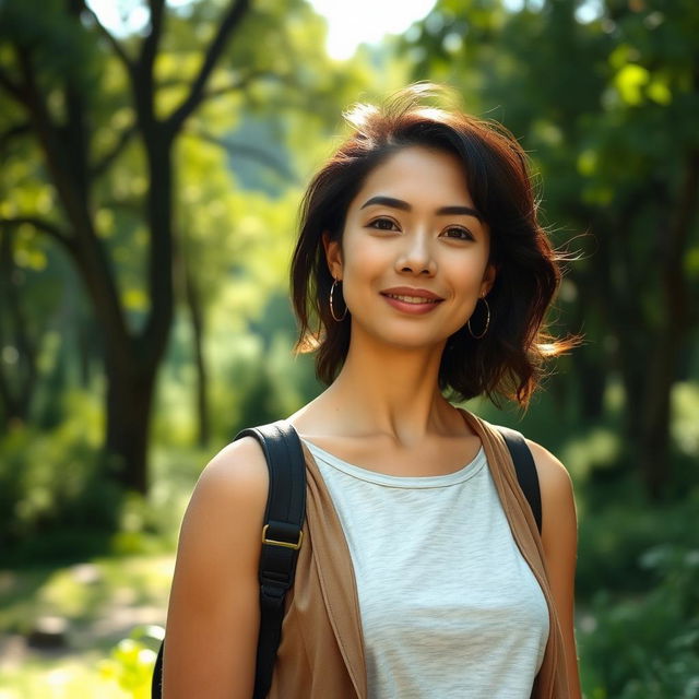 A 37-year-old woman with standard Latin features, dressed in casual yet stylish clothing, standing gracefully against a beautiful natural backdrop