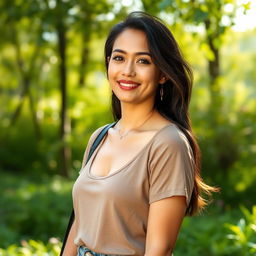 A 37-year-old woman with standard Latin features, dressed in casual yet stylish clothing, standing gracefully against a beautiful natural backdrop