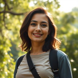 A 37-year-old woman with standard Latin features, dressed in casual yet stylish clothing, standing gracefully against a beautiful natural backdrop