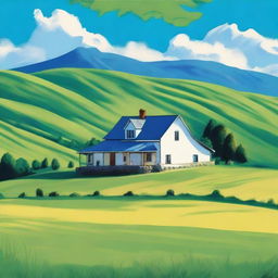 A picturesque farmhouse nestled atop a vibrant green hill, with a sapphire blue sky in the backdrop.