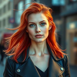 A portrait of a bold and beautiful 35-year-old European woman with striking, vibrant red hair, exuding confidence and charisma