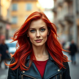 A portrait of a bold and beautiful 35-year-old European woman with striking, vibrant red hair, exuding confidence and charisma