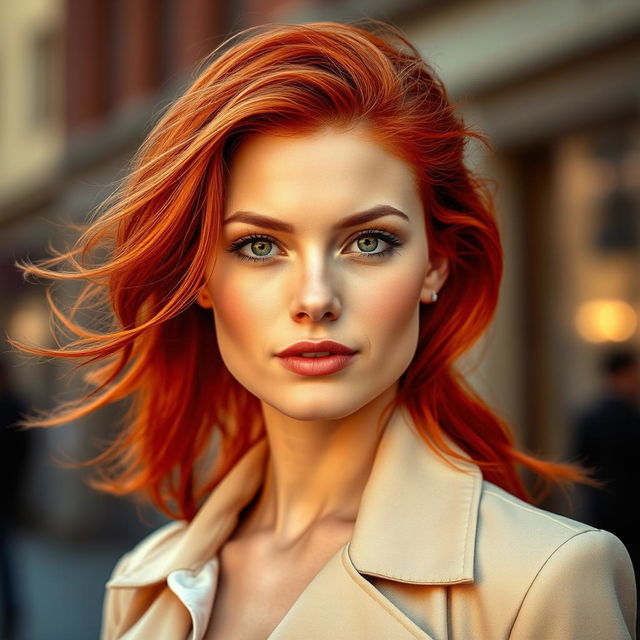 A portrait of a bold and beautiful 35-year-old European woman with striking, vibrant red hair, exuding confidence and charisma