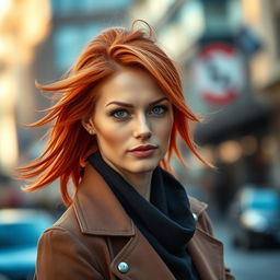 A portrait of a bold and beautiful 35-year-old European woman with striking, vibrant red hair, exuding confidence and charisma