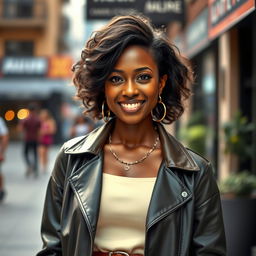 A 39-year-old woman of Latin descent with dark skin, dressed in chic and modern clothing that complements her style