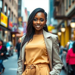 A 39-year-old woman of Latin descent with dark skin, dressed in chic and modern clothing that complements her style