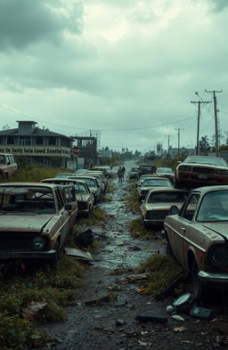 A post-apocalyptic scene featuring a variety of cars that have been torn apart and broken amid a zombie apocalypse