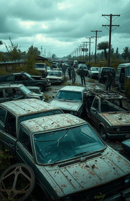 A post-apocalyptic scene featuring a variety of cars that have been torn apart and broken amid a zombie apocalypse