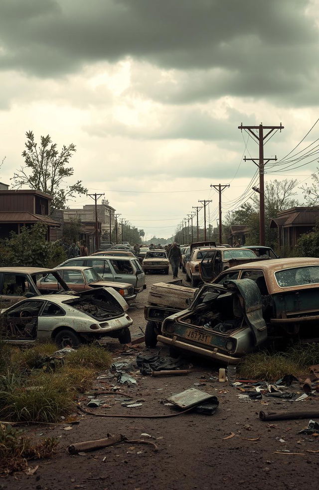 A post-apocalyptic scene featuring a variety of cars that have been torn apart and broken amid a zombie apocalypse