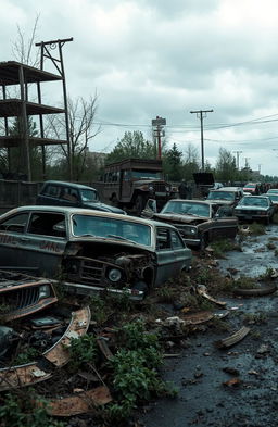 A post-apocalyptic scene featuring a variety of cars that have been torn apart and broken amid a zombie apocalypse