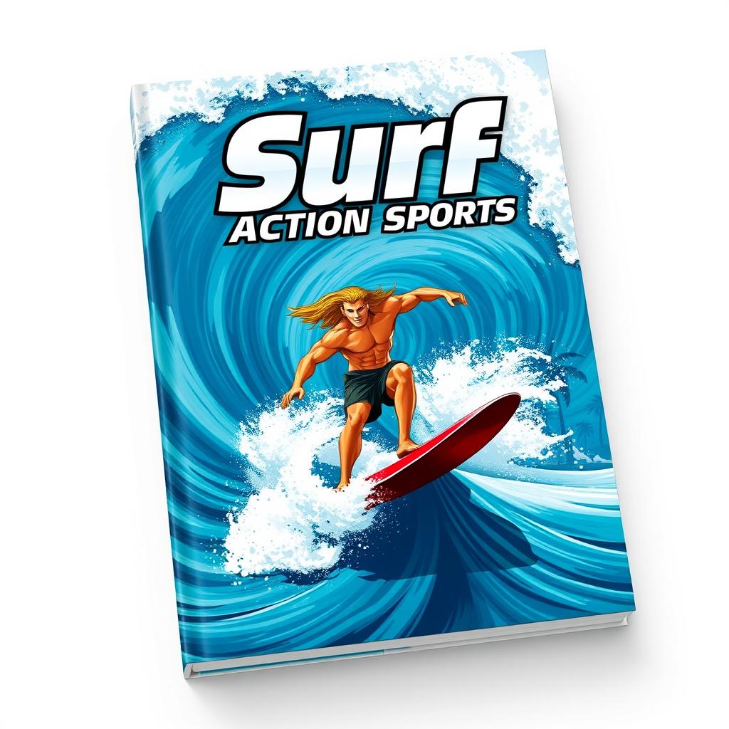 A dynamic and eye-catching book cover design featuring a surfer in a powerful and action-packed moment as they ride a massive wave