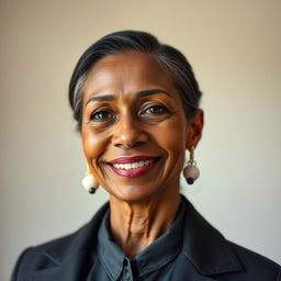 A 39-year-old woman of Latin descent with dark skin and charming wrinkles that tell the story of her life experiences