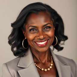 A 39-year-old woman of Latin descent with dark skin and charming wrinkles that tell the story of her life experiences