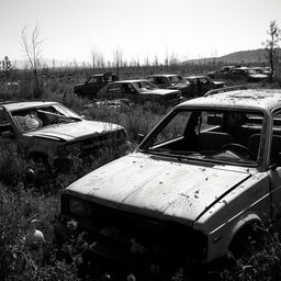 A desolate scene depicting a post-apocalyptic landscape where cars are broken and torn apart, showing signs of decay and abandonment