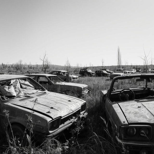 A desolate scene depicting a post-apocalyptic landscape where cars are broken and torn apart, showing signs of decay and abandonment