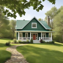 A charming farmhouse with wood siding, nestled atop a lush green hill