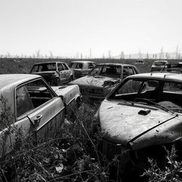 A desolate scene depicting a post-apocalyptic landscape where cars are broken and torn apart, showing signs of decay and abandonment