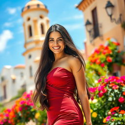 A beautiful Spanish woman over 30 years old, with long flowing dark hair, striking features, and a confident smile