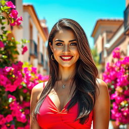 A beautiful Spanish woman in her 30s, with long dark hair cascading down her shoulders, wearing a stylish summer dress in bright colors, standing in a vibrant street filled with bougainvillaea flowers