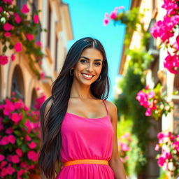 A beautiful Spanish woman in her 30s, with long dark hair cascading down her shoulders, wearing a stylish summer dress in bright colors, standing in a vibrant street filled with bougainvillaea flowers