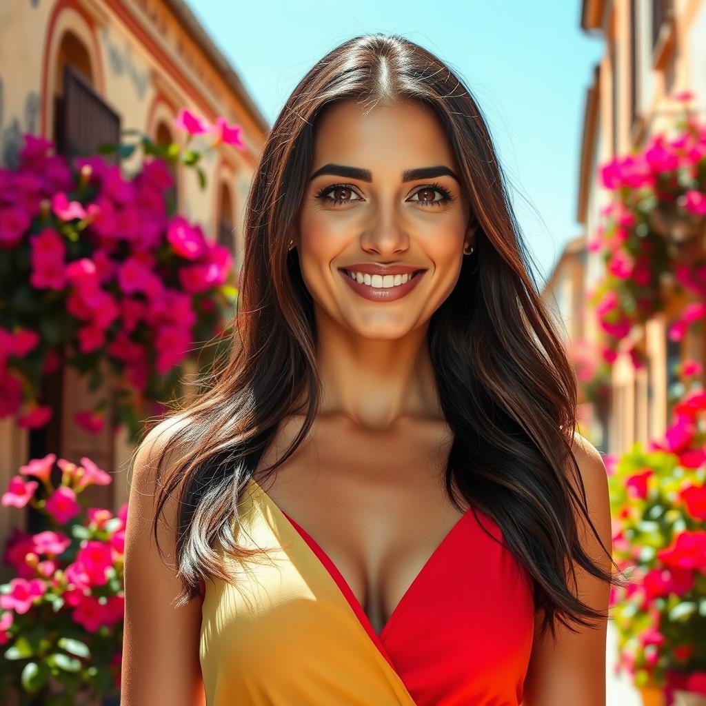 A beautiful Spanish woman in her 30s, with long dark hair cascading down her shoulders, wearing a stylish summer dress in bright colors, standing in a vibrant street filled with bougainvillaea flowers