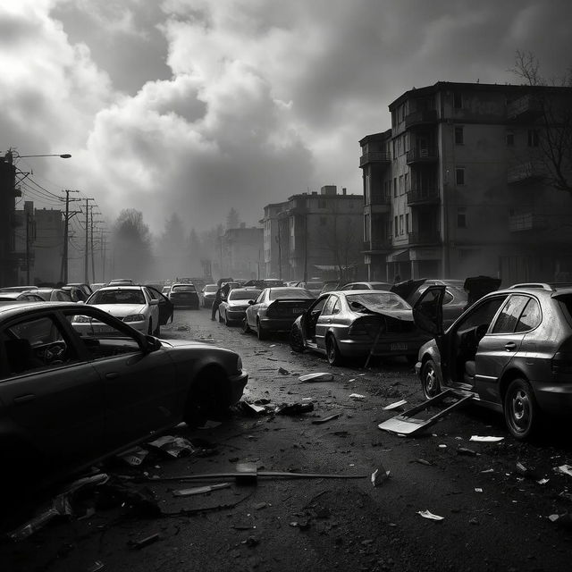 A chaotic street scene in a zombie apocalypse, filled with broken and torn apart cars littering the road