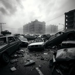 A chaotic street scene in a zombie apocalypse, filled with broken and torn apart cars littering the road