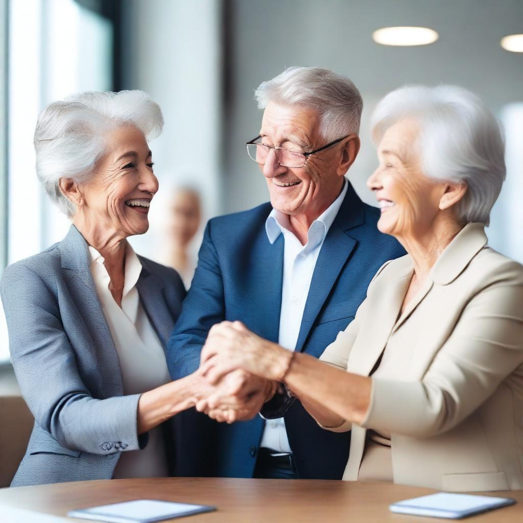 A joyful scene of an elderly couple handing over their successful business to a younger, confident entrepreneur, as relieved employees cheerfully celebrate their secure future