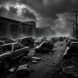 A chaotic street scene in a zombie apocalypse, filled with broken and torn apart cars littering the road