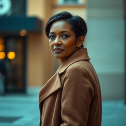 A 39-year-old woman of Latin descent with dark skin, showing subtle wrinkles that reflect her life experiences, stands gracefully at a distance from the camera