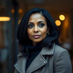 A 39-year-old woman of Latin descent with dark skin, showing subtle wrinkles that reflect her life experiences, stands gracefully at a distance from the camera