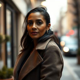 A 39-year-old woman of Latin descent with dark skin, showing subtle wrinkles that reflect her life experiences, stands gracefully at a distance from the camera