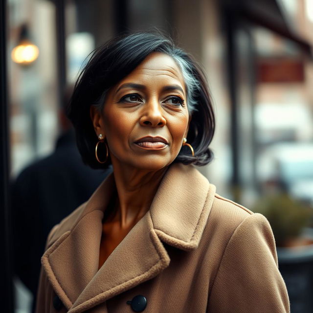 A 39-year-old woman of Latin descent with dark skin, showing subtle wrinkles that reflect her life experiences, stands gracefully at a distance from the camera