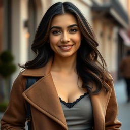 A 37-year-old woman of Latin descent dressed in stylish outerwear, showcasing more than half of her torso