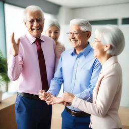 A joyful scene of an elderly couple handing over their successful business to a younger, confident entrepreneur, as relieved employees cheerfully celebrate their secure future