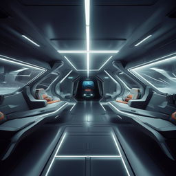 interior of futuristic fighter jet with glass panel demarcating front cabin from back cabin